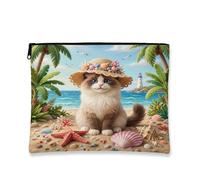 Summer Ragdoll - Bolsa de maquillaje de playa de gato de 7 x 9 pulgadas para bolso de viaje, bolsa de cosméticos de playa para mujer, organizador de lona portátil tropical con cremallera