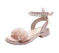 Summer Sandals Girls Cute Bow Pu Leather Mary Jane Shoes Kids Pearl Ankle Strap Open Toe Slippers Fashion Teen Girls Soft Sole Anti Slip Walking Flats Outdoor Beach Shoes
