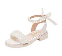 Summer Sandals Girls Cute Bow Pu Leather Mary Jane Shoes Kids Pearl Ankle Strap Open Toe Slippers Fashion Teen Girls Soft Sole Anti Slip Walking Flats Outdoor Beach Shoes