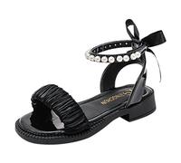 Summer Sandals Girls Cute Bow Pu Leather Mary Jane Shoes Kids Pearl Ankle Strap Open Toe Slippers Fashion Teen Girls Soft Sole Anti Slip Walking Flats Outdoor Beach Shoes