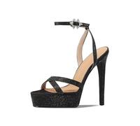 Summer Silk Platform Crystal Belt Buckle Banquet Shoes Round Toe Super High Heel Sexy Word-Cingulate Sandals(Black 25 * 27 * 13CM,Color33)