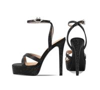 Summer Silk Platform Crystal Belt Buckle Banquet Shoes Round Toe Super High Heel Sexy Word-Cingulate Sandals(Black 10CM,Color33)