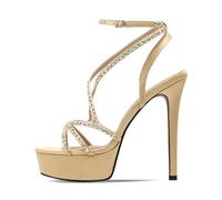 Summer Silk Round Toe Open Platform Super High Heel Sexy Crystal Word-Cingulate Ankle Strap Sandals(Champagne 13cm,37)