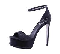 Summer Silver Waterproof Super High Heel Crystal Rhinestone Open Toe Fashion Gold Stilettos Sandals Cover Heels(Black 14cm,40)