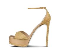 Summer Silver Waterproof Super High Heel Crystal Rhinestone Open Toe Fashion Gold Stilettos Sandals Cover Heels(Gold 14cm,36)