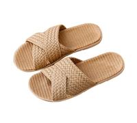 Summer Slippers Women Open Toe Linen Woven House Slippers Breathable Slip On Flat Sliders for Ladies Fashion Straw Sole No Slip Bathroom Sliders for Beach Pool