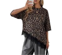 Summer T Shirt for Women Leopard Print Loose Fit Short Sleeve Lace Trim Top (Brown,M)