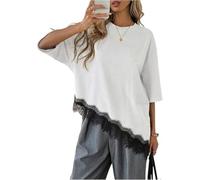 Summer T Shirt for Women Leopard Print Loose Fit Short Sleeve Lace Trim Top (White,S)