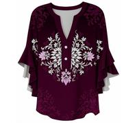 Summer Tops for Women 2025 Floral Print Flowy 3/4 Length Sleeve Womens Tops Ruffle Sleeve Half Button Down V Neck Shirt