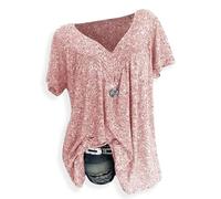 Summer V-Neck Loose Short Sleeve Print Casual Women's T Shirt, Floral Casual Tunic Soft Blouse, Breathable and Comfortable (Pink,M)