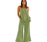 Summer Women's Linen 2 Piece Set Spaghetti Strap Tank Top with Side Slits and Wide Leg Pants for Beach Vacation, Casual Wear, and Everyday Comfort