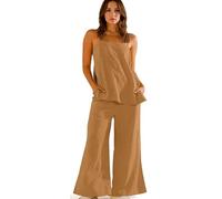 Summer Women's Linen 2 Piece Set Spaghetti Strap Tank Top with Side Slits and Wide Leg Pants for Beach Vacation, Casual Wear, and Everyday Comfort