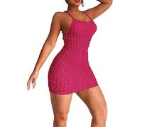 Summer Women's Sling Backless Temperament Hot Girl Solid Color Popcorn Short Dress Vestido de encaje Sexy, rosa fuerte, M