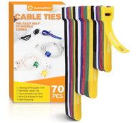 Summerbrite 70 Piezas Bridas para Cables, 10/15/20 cm, Etiquetas y Bridas 2 en 1, Reutilizables, Gestión de Cables para Hogares y Oficinas(6 colores)