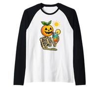 Summerween Creepin' in the Sun - Esqueleto de cabeza naranja Camiseta Manga Raglan
