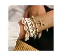 Summery boho bracelet set for women, layered jewelry with shells, starfish pendants, and pearls. Perfect as a beach, festival, or hippie accessory, J0