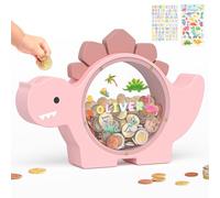 Summidate Hucha de madera con diseño de dinosaurio, grande y transparente | Bonita caja de monedas de madera con ranura oculta para billetes y calcomanías de dinosaurio, juguetes de ahorro