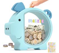 Summidate Hucha de madera para niños, niñas, niños y adultos, grande, irrompible, para cambiar monedas, ahorro de dinero, regalo personalizado, decoración de guardería (alcancía azul, Stanard)