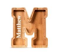 Summidate Hucha Transparente a Medida, Hucha Personalizada con Nombre Grabado a Láser - Letra de Madera Natural A-Z, Original para Bautizo y Niños