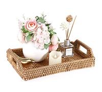 Sumnacon Bandeja rectangular tejida de ratán para servir con asa, bandeja organizadora de escritorio para café, bebida, desayuno, té, velas