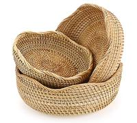 Sumnacon Juego de 3 cestas redondas de ratán tejidas para servir pan, cestas de almacenamiento de aperitivos, cuencos de mesa, encimera, decoración de exhibición de almacenamiento con borde ondulado)