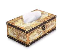SUMNACON Retro Kleenex - Organizador de pañuelos rectangular de madera + funda de caja de pañuelos de poliuretano (mapa amarillo)
