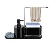 Sumotia Dispensador de líquido para lavavajillas, Juego de dispensador de jabón con Soporte para Esponja y toallero, Organizador Negro para Fregadero de Cocina, detergente Recargable, Apto para frega