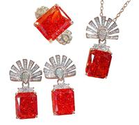Sumpgle Juego de joyas orientales de piedras preciosas cortadas en hielo, colgante de abanico bermellón con anillo de cristal de alta claridad, aretes de escarcha rosa para mujer