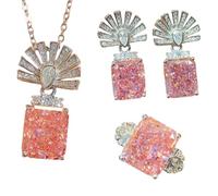 Sumpgle Juego de joyas orientales de piedras preciosas cortadas en hielo, colgante de abanico bermellón con anillo de cristal de alta claridad, aretes de escarcha rosa para mujer