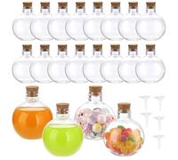 SUMTree 20 botellas de arena con corcho, de plástico transparente, para decoración, para dulces, zumo, estrellas de deseos, té, hierbas (forma de bola, 250 ml, con 5 embudos)