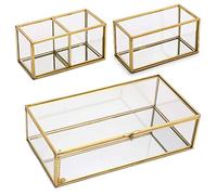 SUMTree Joyero vintage de metal y cristal, 3 joyeros, soporte para joyas, escritorio, organizador de brochas de maquillaje, para joyas de mujer, anillo para guardar joyas (dorado, rectángulo)