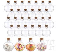 SUMTree Paquete de 30 botellas de plástico con forma de bola de 5 onzas con tapa de corcho, recipientes transparentes para pociones con 5 mini embudos para manualidades, aceite esencial, decoraciones
