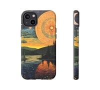 Sun and Moon Over River Landscape - Funda resistente mate, compatible con iPhone 14 Plus, color verde