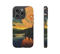 Sun and Moon Over River Landscape - Funda resistente mate, compatible con iPhone 15 Pro, color verde