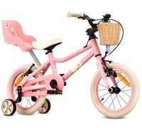 sun baby Bicicleta Infantil 14 Pulgadas LOOFI, Niña 3-5 Años, Máx 50 kg - Bicicleta para niños Ligera, 6,6 kg, Cuadro de Aluminio, con Asiento para muñecas, ruedines, Cesta, Timbre, Pegatinas - Rosa