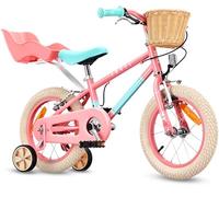 sun baby Bicicleta Infantil 14 Pulgadas Lovel, Niña 3-5 Años, Máx 50 kg - Bicicleta para niños, Sillita para muñecas, Ruedas Laterales, Cesta, Timbre, Protector de Cadena - Rosa-Menta