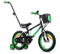 sun baby Bicicleta Infantil 14 Pulgadas Lovel, Niño 3-5 Años, Máx 50 kg - Bicicleta para niños, Ruedas Laterales, Cesta, Timbre, Protector de Cadena, Manillar - Negro-Verde