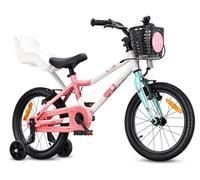 sun baby Bicicleta Infantil 16 Pulgadas LOOFI, Niña 4-6 Años, Máx 50 kg - Bici Ligera 6,9 kg, Cuadro de Aluminio, con Asiento para muñecas, ruedines, Cesta, Timbre, Pegatinas - Blanco, Rosa-Menta