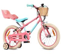 sun baby Bicicleta Infantil 16 Pulgadas Lovel, Niña 4-6 Años, Máx 50 kg - Bicicleta para niños, Sillita para muñecas, Ruedas Laterales, Cesta, Timbre, Protector de Cadena - Rosa-Menta