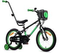 sun baby Bicicleta Infantil 16 Pulgadas Lovel, Niño 4-6 Años, Máx 50 kg - Bicicleta para niños, Ruedas Laterales, Cesta, Timbre, Protector de Cadena, Manillar - Negro-Verde