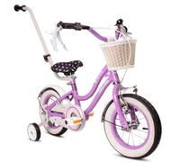 sun baby Heart Bike Bicicleta Infantil para niña 12 Pulgadas, Desde 2 años, con ruedines, Barra de Empuje, Cesta, Timbre, Freno contrapedal y V-Brake (Morado, 12 Pulgadas)
