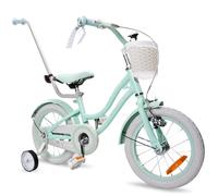 sun baby Heart Bike Bicicleta Infantil para niña 14 Pulgadas, Desde 3 años, con ruedines, Barra de Empuje, Cesta, Timbre, Freno contrapedal y V-Brake (Silver Moon Menta, 14 Pulgadas)