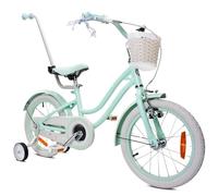 sun baby Heart Bike Bicicleta Infantil para niña 16 Pulgadas, Desde 4 años, con ruedines, Barra de Empuje, Cesta, Timbre, Freno contrapedal y V-Brake (Silver Moon Menta, 16 Pulgadas)