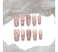 Sun&Beam Nails 10 uñas postizas hechas a mano con forma de ataúd y bailarina para pegar en color rosa, blanco, plata, Navidad, diseño 3D dulce con almohadillas adhesivas, 10 unidades (#196 M)