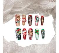 Sun&Beam Nails 10 uñas postizas hechas a mano con forma de ataúd y bailarina para pegar en rojo, verde, blanco, marrón, Navidad, diseño 3D dulce con almohadillas adhesivas, 10 unidades (#195 M)