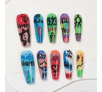Sun&Beam Nails 270 XS - Uñas postizas hechas a mano con forma de ataúd y bailarina, pintadas a mano, diseño glamuroso de verano con almohadillas adhesivas, 10 unidades