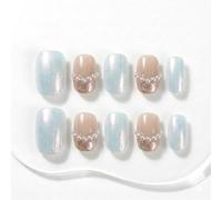 Sun&Beam Nails Clavos cortos hechos a mano, color azul hielo (#305 XS) | Azul hielo y rosa nude con detalles de perlas, brillo de oro rosa y brillo fino en juego de 10 piezas