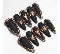 Sun&Beam Nails Handmade Long Almond Stiletto Black False Nail Tips with Cute 3D Gold Popular Charm Design Press On Nails 10 Pcs(#021 M)