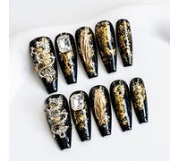 Sun&Beam Nails Handmade Long Coffin Ballerina Black Gold False Nail Tips with Cute 3D Dragon Popular Charm Design Press On Nails 10 Pcs (#52 L)