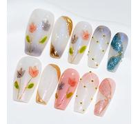 Sun&Beam Nails Handmade Long Coffin Ballerina White Pink False Nail Tips with Cute 3D Gold Pearl Popular Charm Design Press On Nails 10 Pcs (#56 S)
